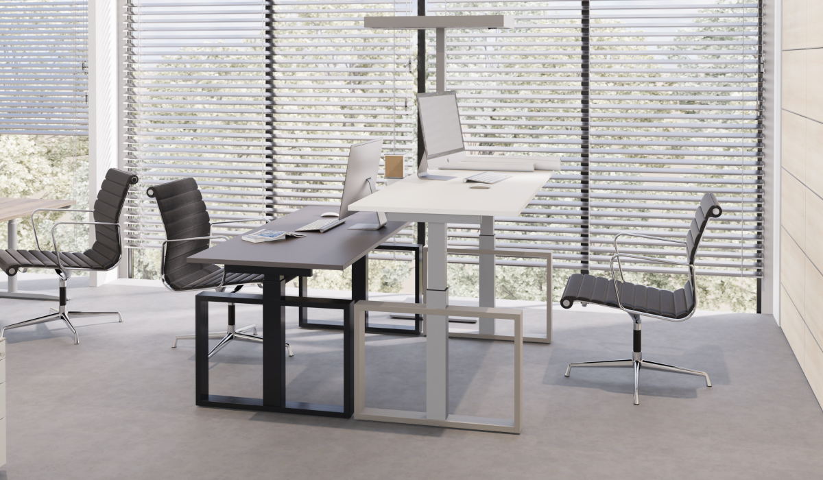 Sitz-Steh Schreibtische in Sitz- und Stehposition, Farbkombinationen Schwarz-dunkle Tischplatte und Grau-weisse Tischplatte